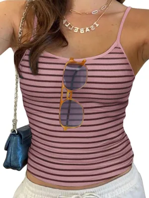 REORIA Women Spaghetti Strap Striped Tank Top Summer Sleeveless Ribbed Y2K Going Out Cami Crop Tops