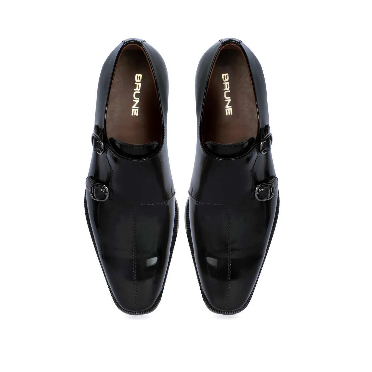 Sleek Apron Toe Double Monk Slip-On Shoes Patent Black Leather