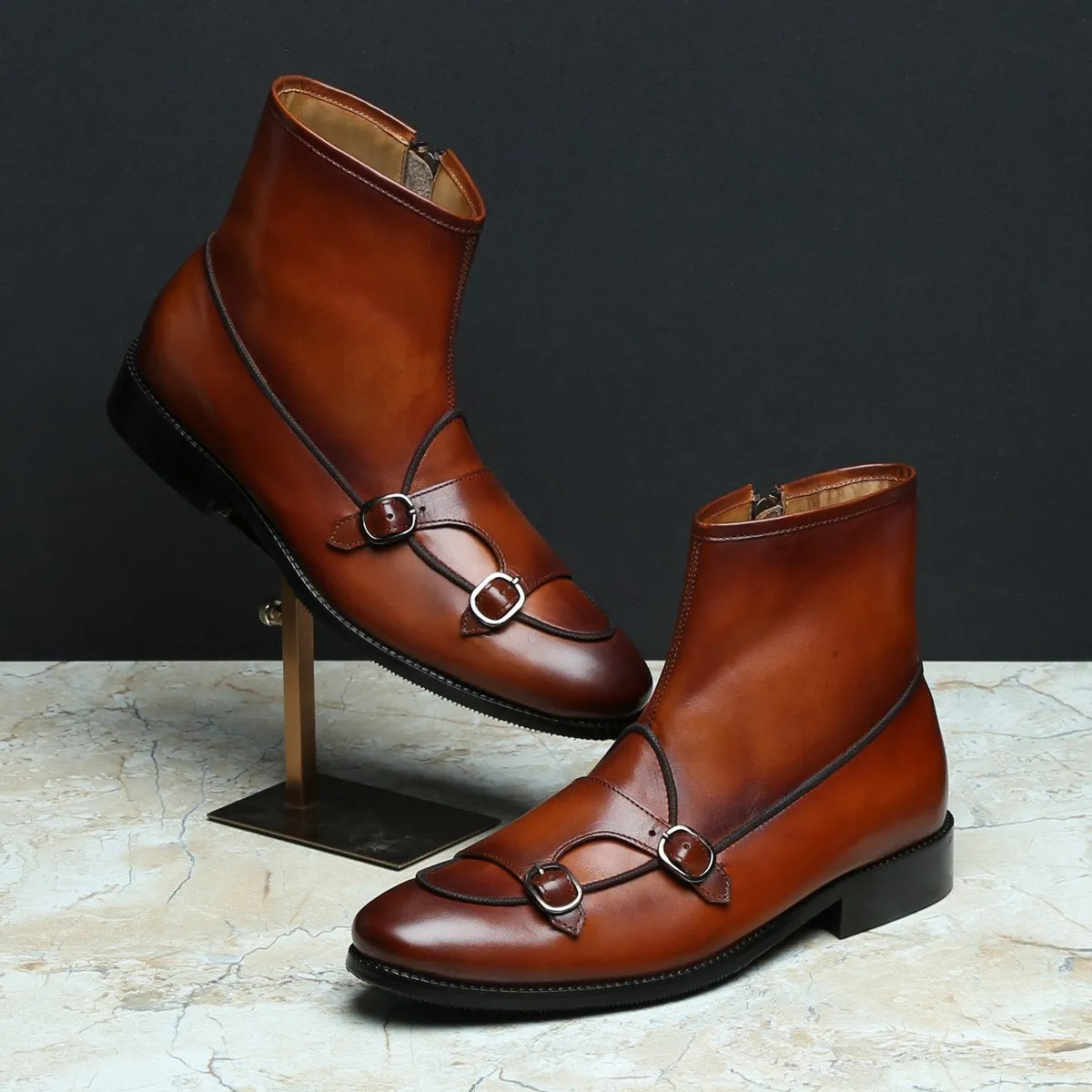Tan Batwing Monk Strap Leather Boot by Brune & Bareskin