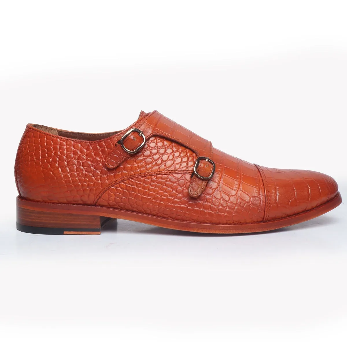 Tan Croco Leather Double Monk With Leather Sole Shoes By Brune & Bareskin