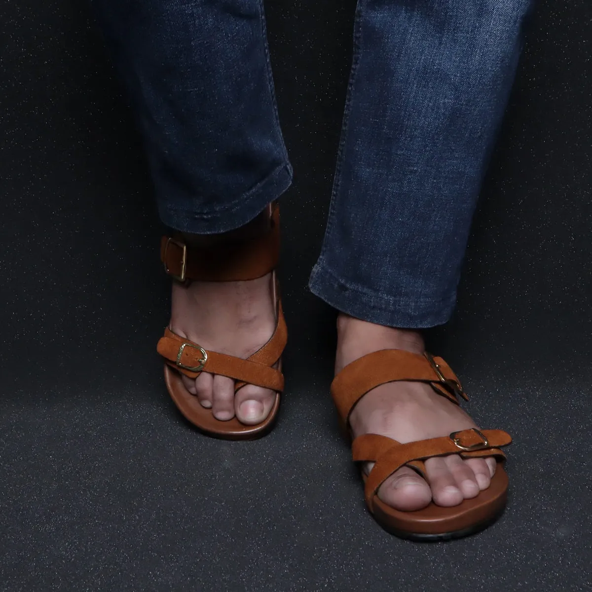 Tan Suede Leather Slipper With Double Golden Buckle