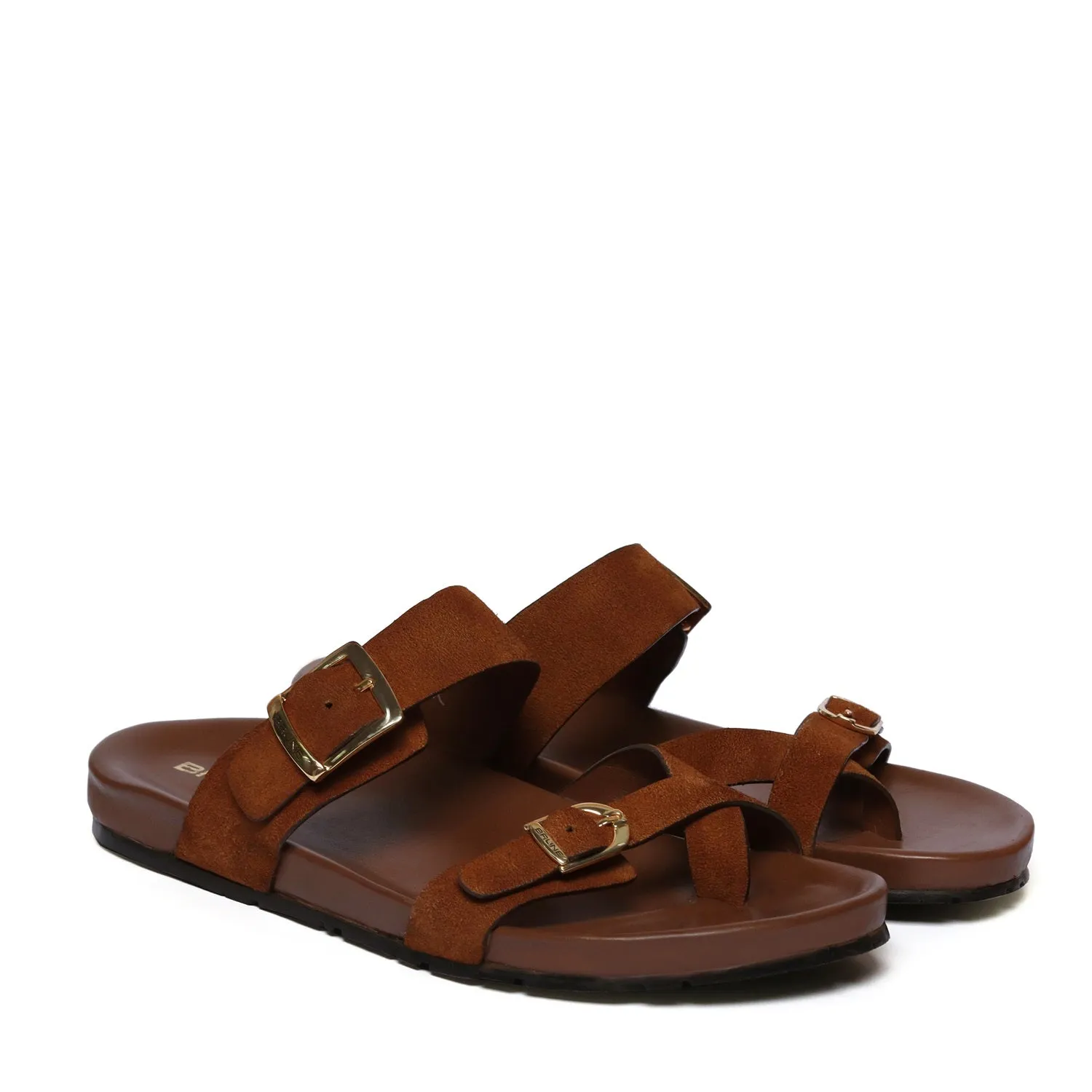 Tan Suede Leather Slipper With Double Golden Buckle