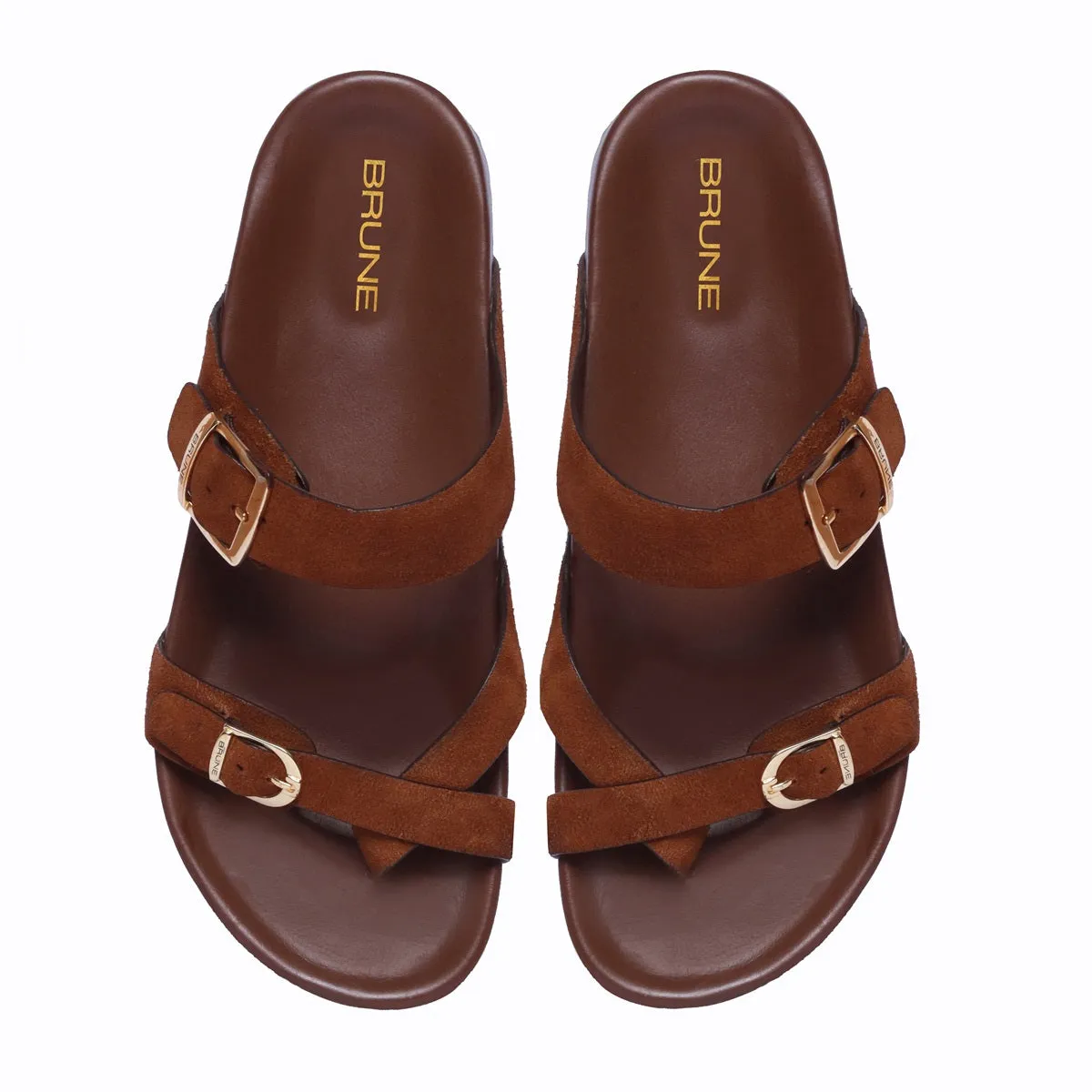 Tan Suede Leather Slipper With Double Golden Buckle