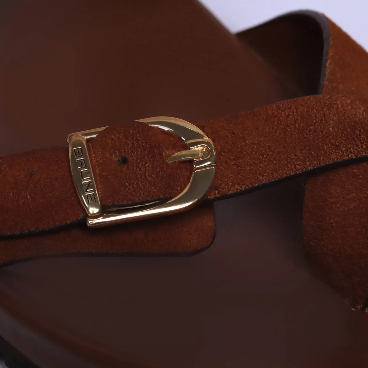 Tan Suede Leather Slipper With Double Golden Buckle