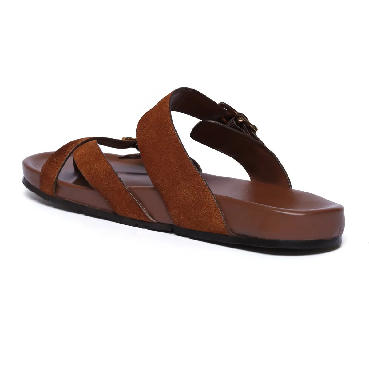 Tan Suede Leather Slipper With Double Golden Buckle