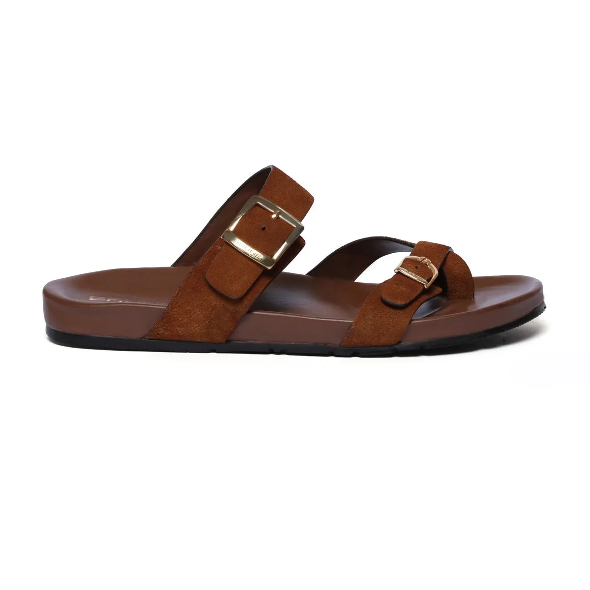 Tan Suede Leather Slipper With Double Golden Buckle