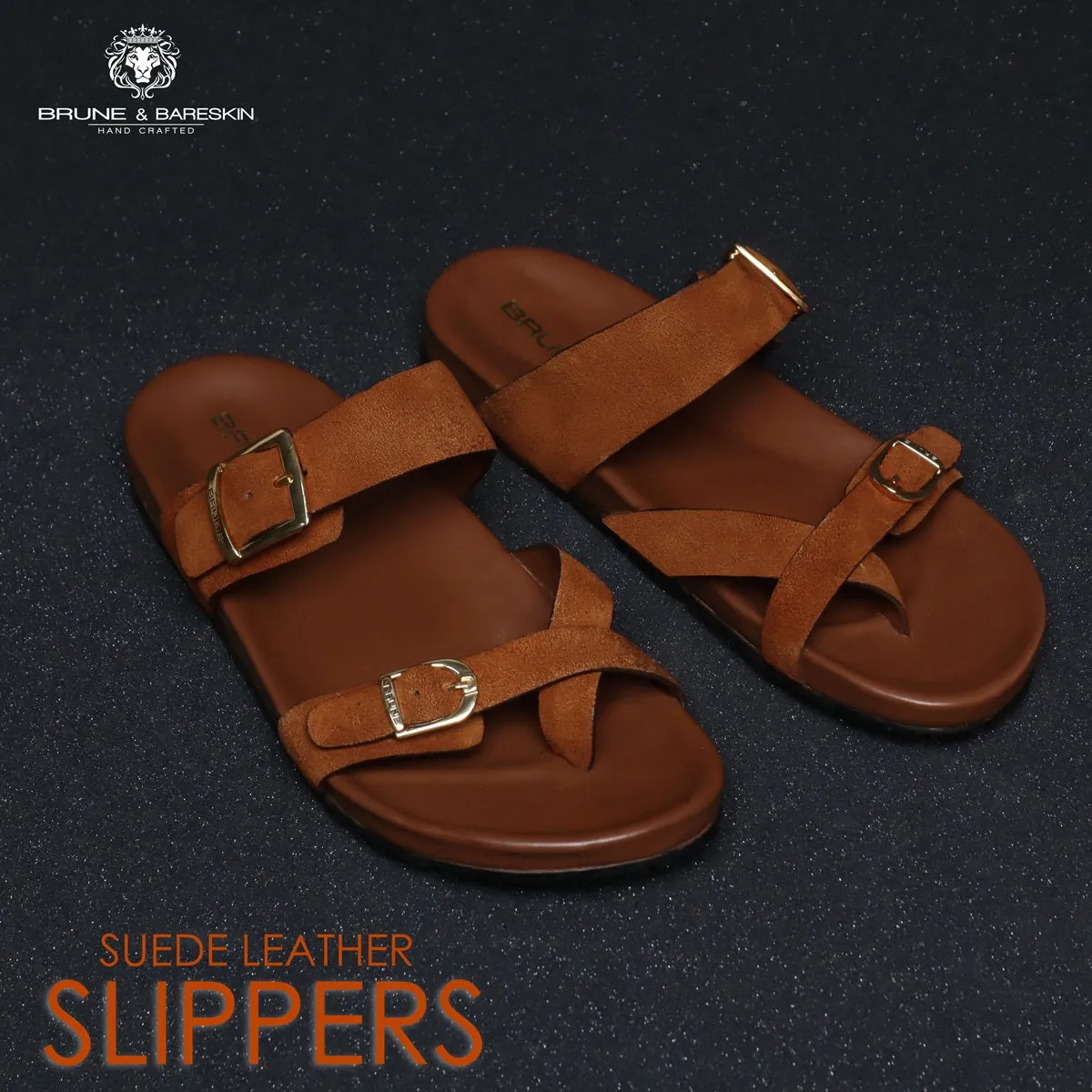 Tan Suede Leather Slipper With Double Golden Buckle