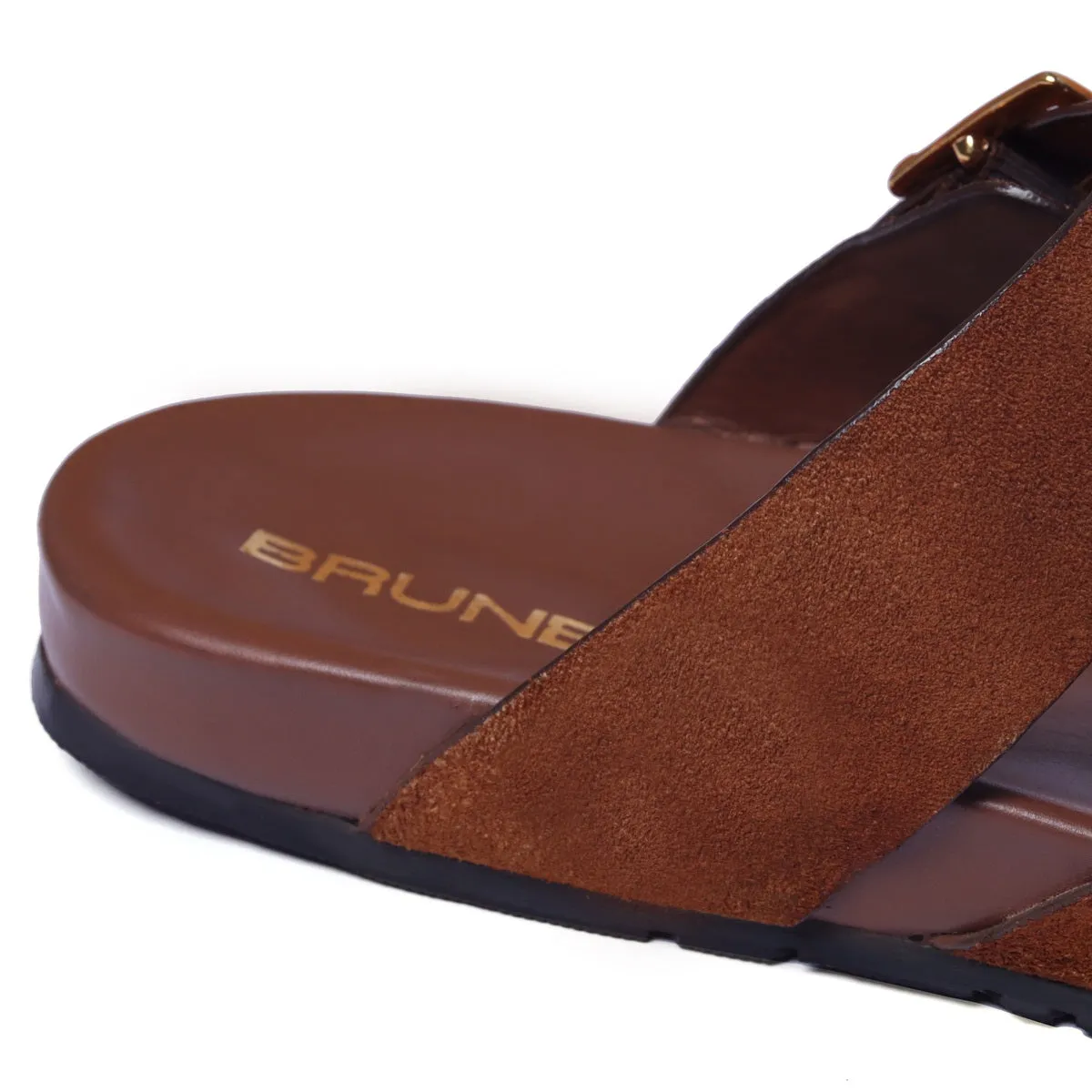 Tan Suede Leather Slipper With Double Golden Buckle