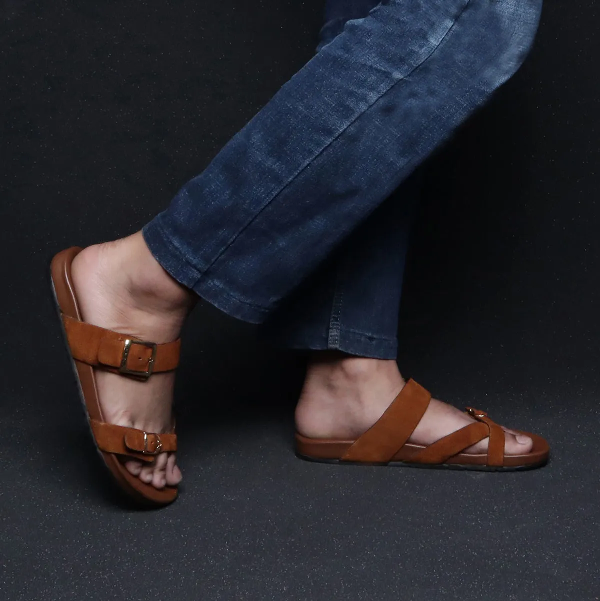 Tan Suede Leather Slipper With Double Golden Buckle