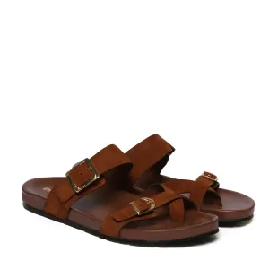 Tan Suede Leather Slipper With Double Golden Buckle
