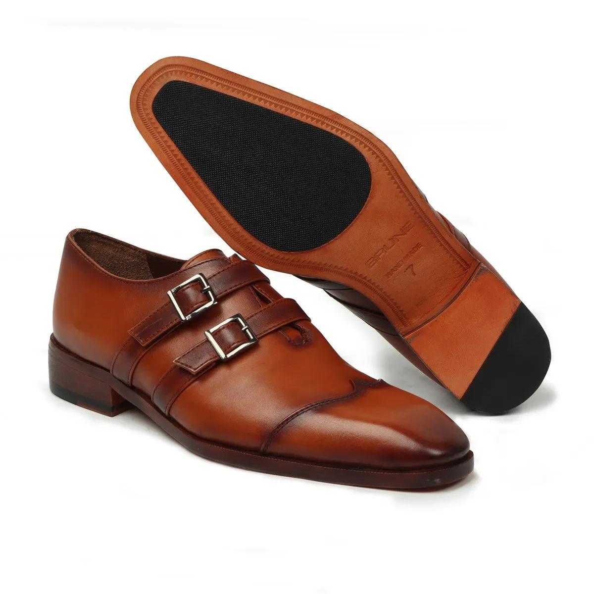 Tan Wingtip Cap Toe Endlong Parallal Double Monk Strap Shoes by Brune & Bareskin