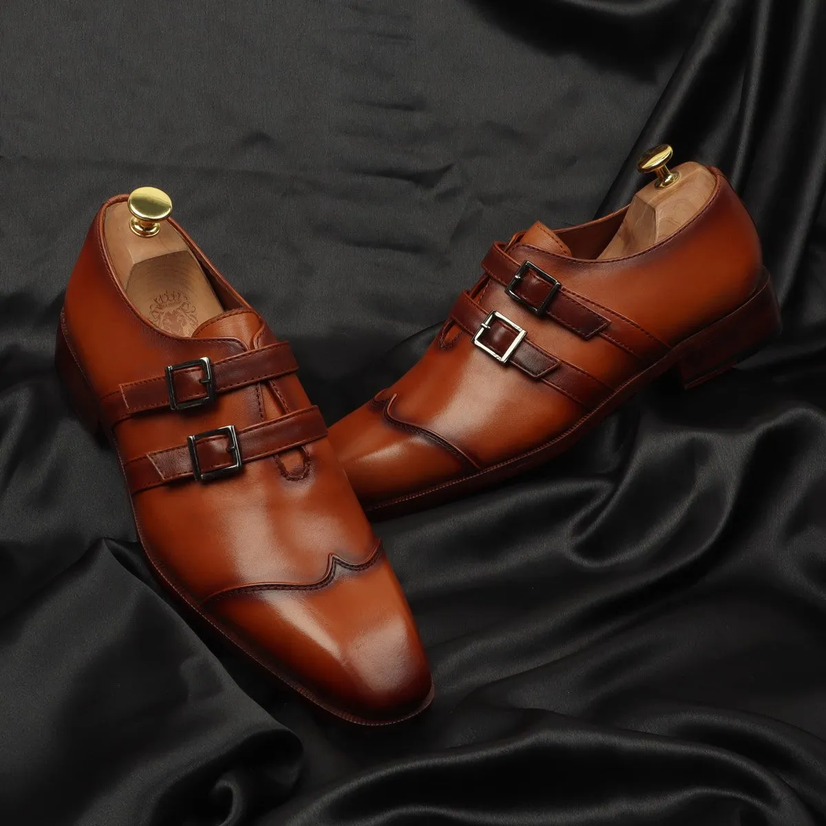 Tan Wingtip Cap Toe Endlong Parallal Double Monk Strap Shoes by Brune & Bareskin
