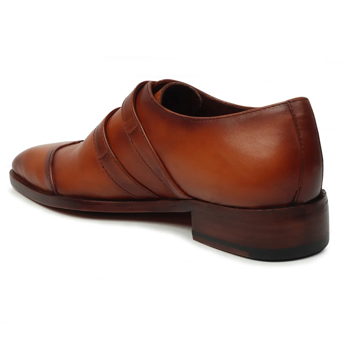 Tan Wingtip Cap Toe Endlong Parallal Double Monk Strap Shoes by Brune & Bareskin