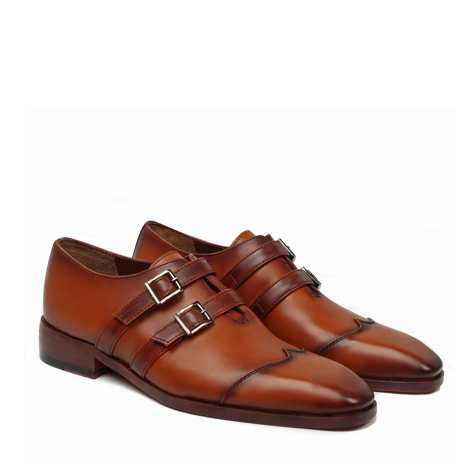Tan Wingtip Cap Toe Endlong Parallal Double Monk Strap Shoes by Brune & Bareskin