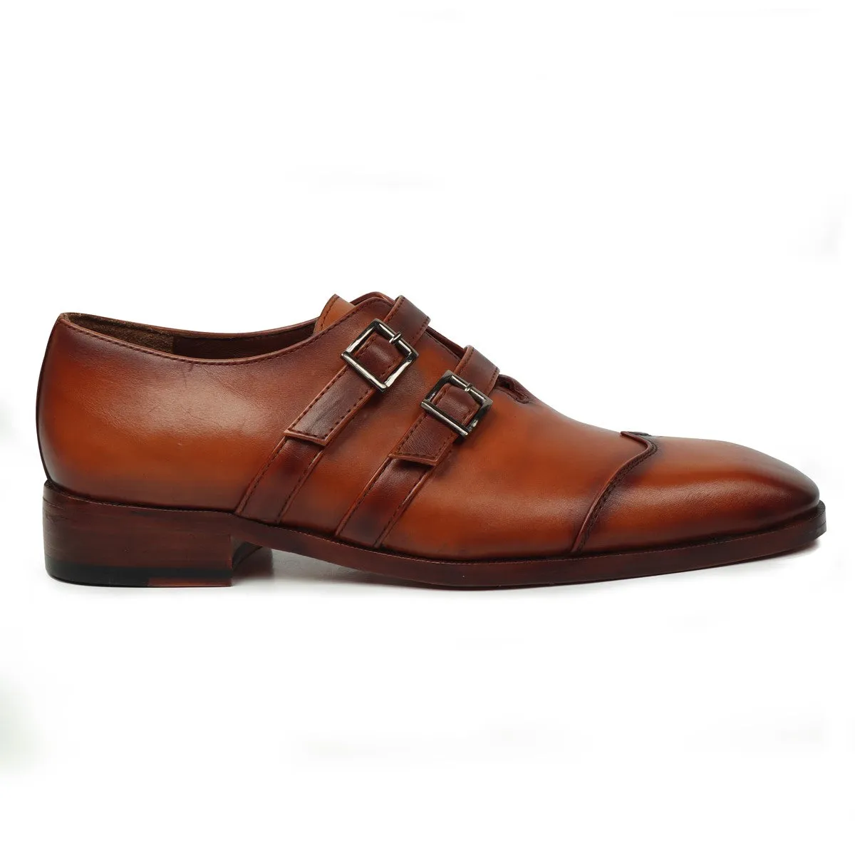 Tan Wingtip Cap Toe Endlong Parallal Double Monk Strap Shoes by Brune & Bareskin