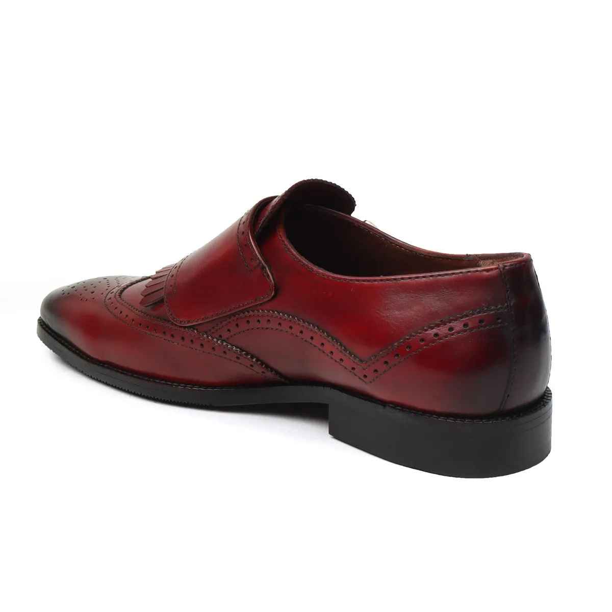 Wine Medallion Toe Wingtip Punching with Fringes Double Monk Strap Formals by Brune & Bareskin