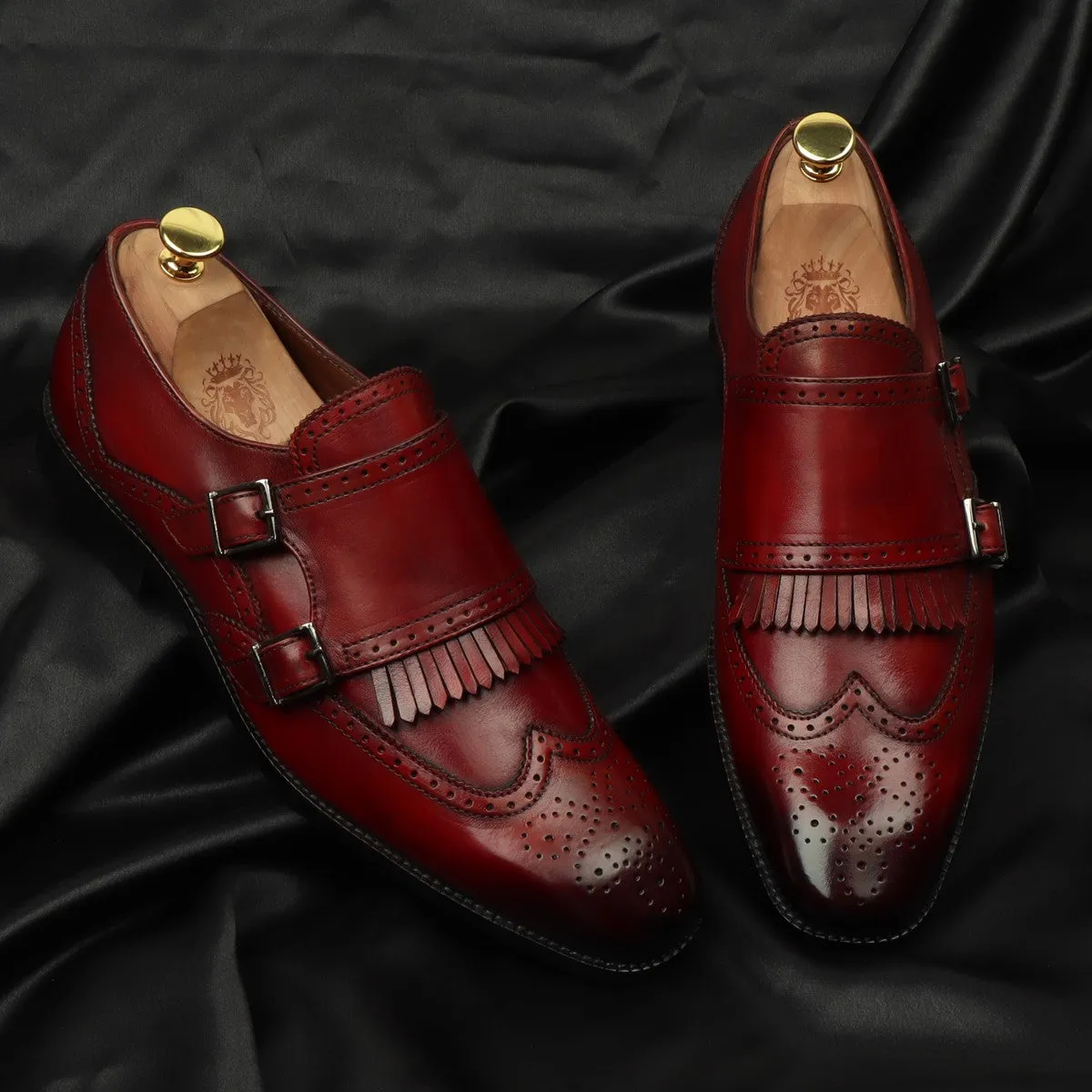 Wine Medallion Toe Wingtip Punching with Fringes Double Monk Strap Formals by Brune & Bareskin