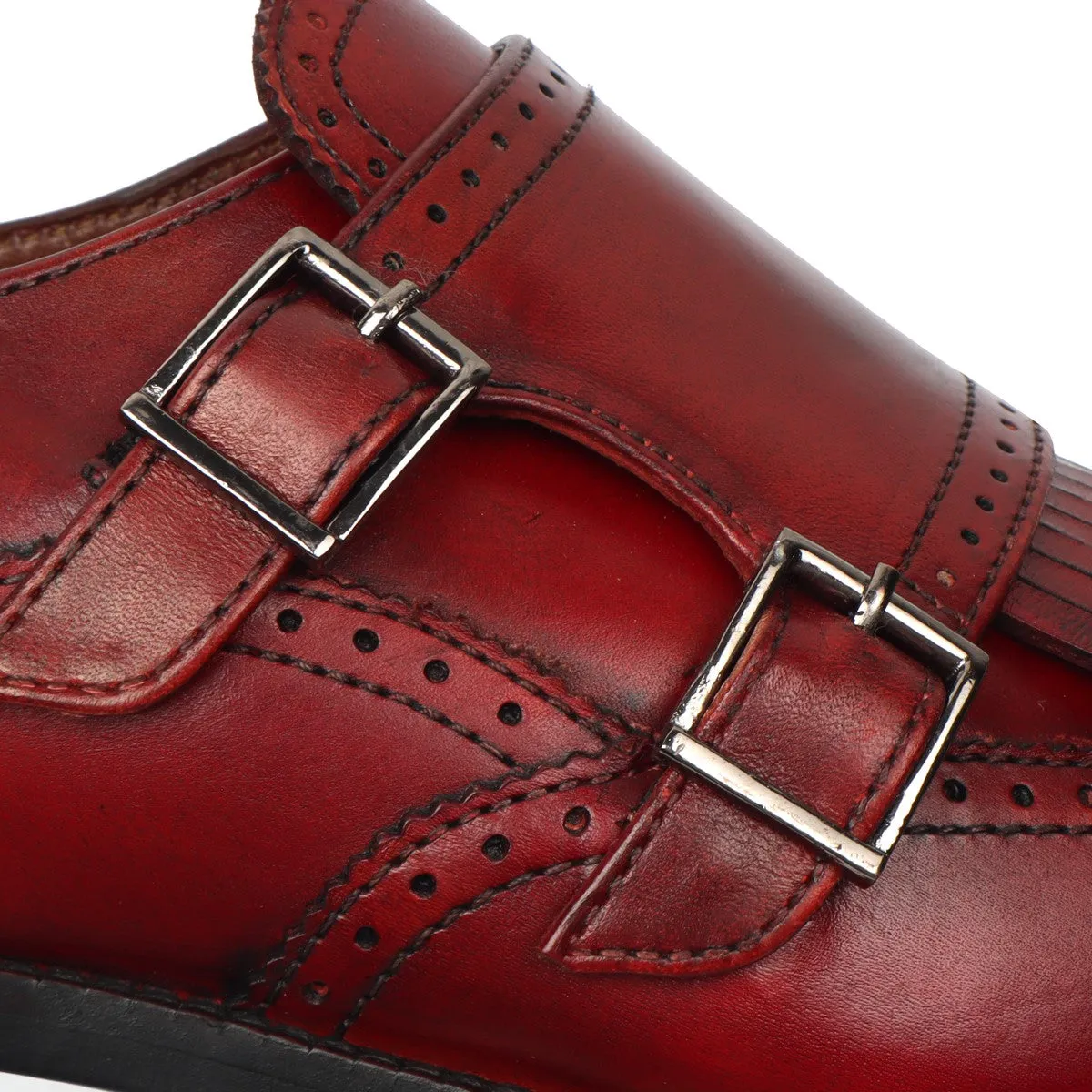 Wine Medallion Toe Wingtip Punching with Fringes Double Monk Strap Formals by Brune & Bareskin