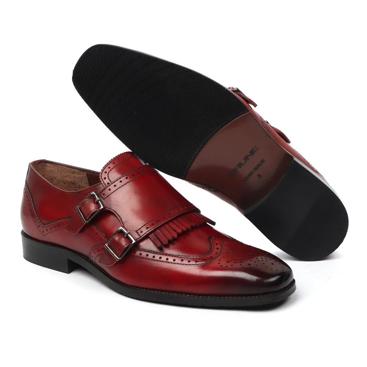 Wine Medallion Toe Wingtip Punching with Fringes Double Monk Strap Formals by Brune & Bareskin